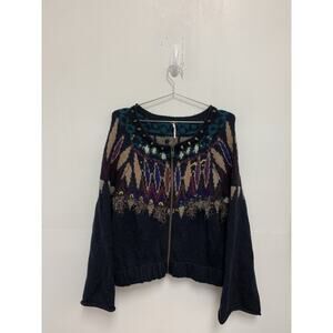 Free People Aztec Navajo Cardi Sweater Studded Zip Front Mohair Wool Blend Sz L